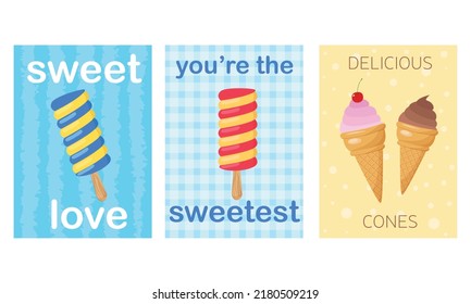 Vector set of ice cream packaging templates, labels, banner, poster, identity, branding. Abstract background color with decorative design elements - soft ice cream, ice lolly icon. Stylish design