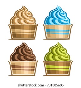 Vector set of Ice Cream in paper cups, variety soft serve sundae in cardboard tub box for menu cafe takeaway, icons of italian fruit swirl ice cream, vegan frozen twisted dessert in design packaging.