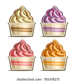 Vector Set Of Ice Cream In Paper Cups, Variety Soft Serve Sundae In Cardboard Tub Box For Menu Cafe Takeaway, Icons Of Italian Fruit Swirl Ice Cream, Vegan Frozen Twisted Dessert In Design Packaging.