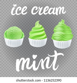vector Set of Ice cream scoops poster design with creme Fresh Frozen mint popsicle isolated on transparent background art