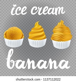 vector Set of Ice cream scoops poster design with creme Fresh Frozen banana popsicle isolated on transparent background art