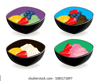 Vector set of ice cream: strawberry, chocolate, vanilla, pistachio.