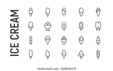 Vector set of ice cream thin line icons. Design of 20 stroke pictograms. Signs of ice cream isolated on a white background.