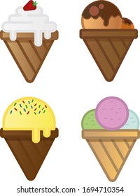 Vector set of ice cream in waffle cones