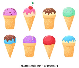 Vector set of ice cream in a waffle cup. Collection of ice cream cone with different flavors in cartoon style. Illustration isolated on white background. Summer food colorful desserts
