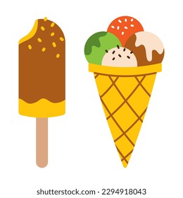 Conjunto vectorial de helado. Cono de gofre con cucharas de helado. Crema de hielo en el acristalamiento de chocolate en el palo. Postres de verano. Bolas de helado en cono de gofre y pastel de esquimal. Comida dulce de diseño plano. 