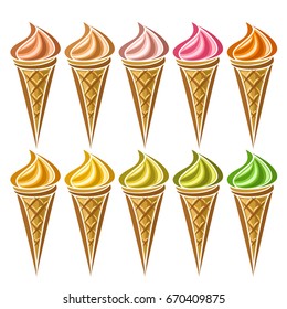 Vector set of Ice Cream in waffle Cone: 10 wafer cones with different flavor ice cream isolated on white background, soft mixed gelato ice cream served of swirl cone, vanilla pistachio creamy dessert.