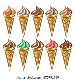 Vector set of Ice Cream in waffle Cone: 10 wafer cones with different flavor ice cream isolated on white background, soft mixed gelato ice cream served of swirl cone, mint chocolate dessert with chips