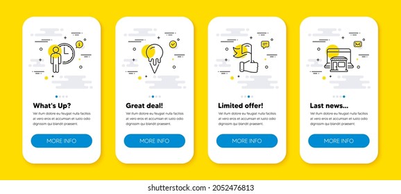 Vector set of Ice cream, Waiting and Leadership line icons set. UI phone app screens with line icons. Marketplace icon. Vanilla waffle, Service time, Winner flag. Online shop. Phone UI banners. Vector