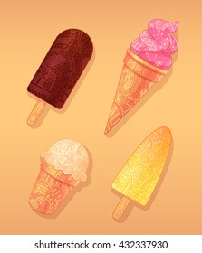 Vector set of ice cream in zentangle style colored. Colorful zendoodle icecream collection. Zen art.