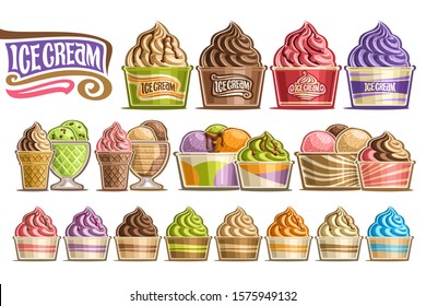 Vector set of Ice Creams, 16 cut out illustration of variety icecreams on white background, collection of different ice creams dripping sauce in plastic and glass containers with fruits ingredients.	