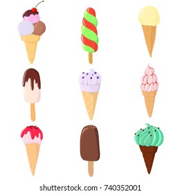 vector set of ice creams with chocolate glaze, berries and jam, hand drawn illustration