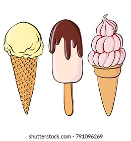 vector set of ice creams with chocolate glaze and jam, hand drawn illustration
