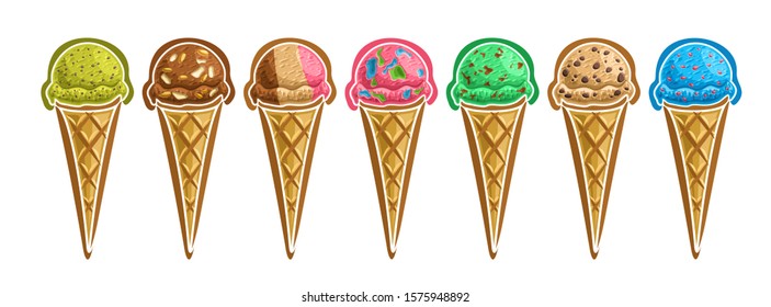 Vector set of Ice Creams Cones, 7 cut out illustration of delicious icecreams on white background, collection of tasty frozen ice creams in waffle cones with milky ingredients for fast food cafe menu.