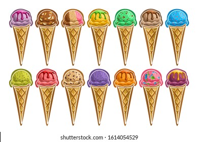 Vector set of Ice Creams Cones, group of 14 cut out illustrations sweet snacks different colors on white, collection of yummy frozen ice creams in waffle cones with milky ingredients for cafe menu.