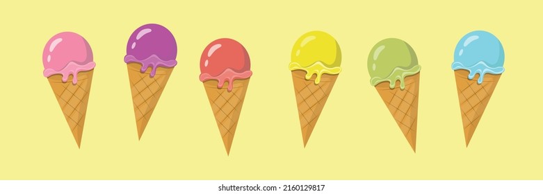 Vector set of Ice Creams Cones, 6 cut out illustration of delicious icecreams in different flavors on yellow background, collection of tasty frozen ice creams in waffle cones for fast food cafe menu.