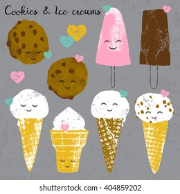 Vector set with ice creams and cookies and hearts in cartoon and grunge style isolated on grey scratched background for textile, wallpaper, fabric, postcard and others