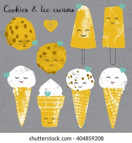 Vector set with ice creams and cookies and hearts in cartoon and grunge style isolated on grey scratched background for textile, wallpaper, fabric, postcard and others