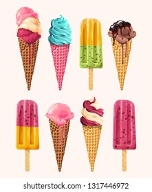 Vector set of ice creams with different flavours