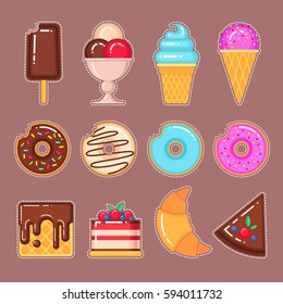 Vector set of ice creams, donuts, waffles, cake and croissant