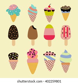 Vector Set of ice creams and popsicles. Different kinds of ice crem in flat style.