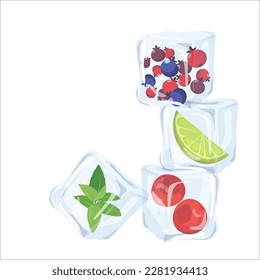 Vector set of ice cubes with lemon, berries and mint in color  white background and cartoon style. Cartoon style for healthcare, drinks, menu and cocktail elements