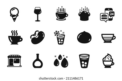 Vector Set Of Ice Tea, Cognac Bottle And Cappuccino Cream Icons Simple Set. Mocha, Coffee And Ice Cream Icons. Macadamia Nut, Beans And Cooking Hat Signs. Coffee Cup, Water Drop And Food App. Vector