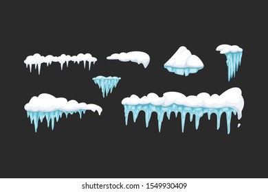 Vector set of icicles in cartoon style. Snow and ice vector frames, snowcap and snowdrift.