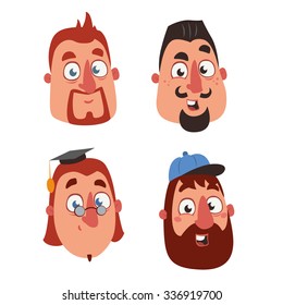 Vector set icon of bearded males. Cartoon design group of people heads on isolated white background.