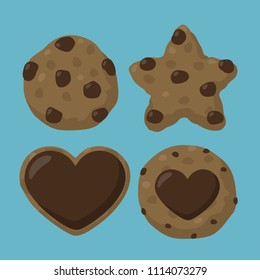 Vector set Icon chocolate cookies. A cookie in the form of a circle, a star cookie, a cookie with chocolate in the form of a heart, a round cookie with a chocolate heart.