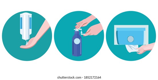 Vector Set Icon Cleaning Hands Using Automatic Sanitizer Dispenser, Liquid Lotion And Paper Towel Dispenser. Virus Protection Equipment. Healthcare Concept. 