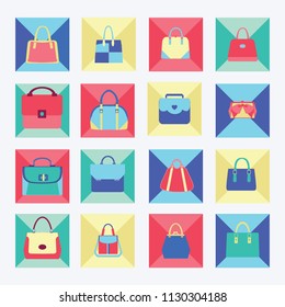 Vector Set icon of collection of Women fashion bags in Flat design illustration