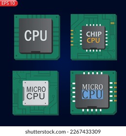 Vector set Icon of computer chips. The processor has the inscription: CPU, chip, micro-chip, processor