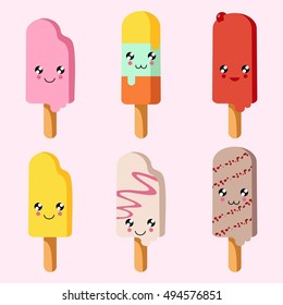 Vector set of icon with cute ice cream with eyes in flat style.