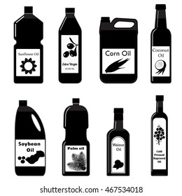 Vector set of icon different types oil for cooking. Black and white illustration in modern style. Group bottles of oil for frying