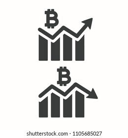 Vector set Icon graph of the growth and fall of electronic currency Bitcoin. Graph of the Bitcoin sign with the arrow up and down.