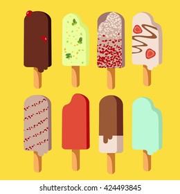 Vector set of icon with ice cream on white background in flat style.