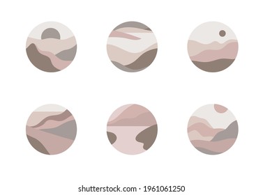 Conjunto de vectores de paisajes íconos naturaleza, conservación de la ecología de la tierra. Conjunto de varias cubiertas de resaltado vectorial, redes sociales. Antecedentes abstractos. Plantillas dibujadas a mano. Colores pasteles, estilo minimalista