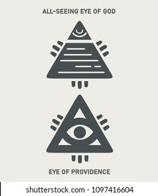 Vector Set Icon Masonic Symbol All-Seeing Eye. Sign of the Eye of God in the triangle. Text: The All-Seeing Eye of God; The Eye of Providence.