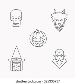 Vector set of icon monsters for halloween in outline style, skull, werewolf, pumpkin, witch, vampire