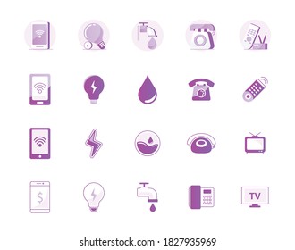 Vector set of icon for payment and purchase menu of fintech application. Phone credit, television, electricity, water, home telephone, internet