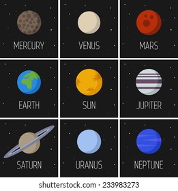 Vector set icon with planet of solar system in interstellar space 