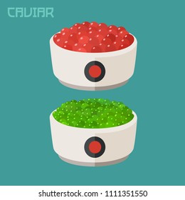 Vector set icon red salmon caviar and green caviar flying fish. Stock illustration Caviar of fish in a plate.