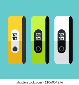 Vector set Icon of smart sports bracelet-trackers. Fitness tracker gadget band of yellow, green and white colors.