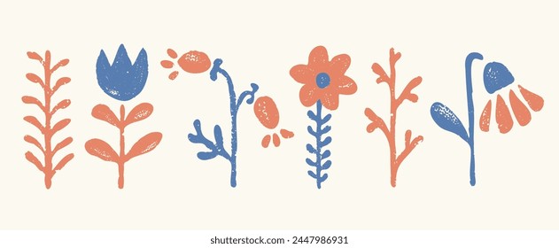 Vector set icon of vintage flowers in Scandinavian folk style. Vector retro rustic flowers.