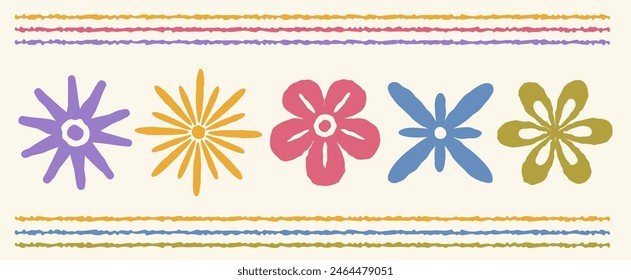 Vector set icon of vintage flowers in Scandinavian folk style. Vector retro rustic flowers.