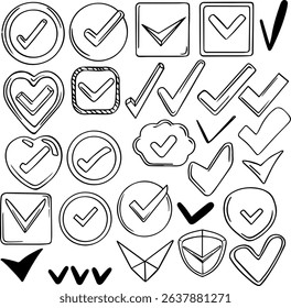 Vector set icons of abstract check mark. Hand drawn rounded and curved grunge pointers. Isolated ink, fine drawn lines, elements for design.