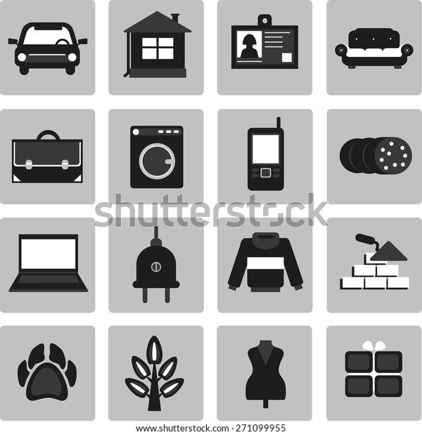 Vector, set icons for ads. Selling,
buying. Selling, buying, exchange. Cars, real estate, clothing,
jobs, services, appliances, business,  animals,
plants.