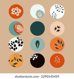 Vector set of icons for advertising in social networks in beige shades with stylized simple flowers