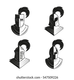 Vector set of icons of ancient helmets and protection. Icon images armor for design posters, logos, stickers. Armor, shields, helmets and knights. Medieval armor icon set.